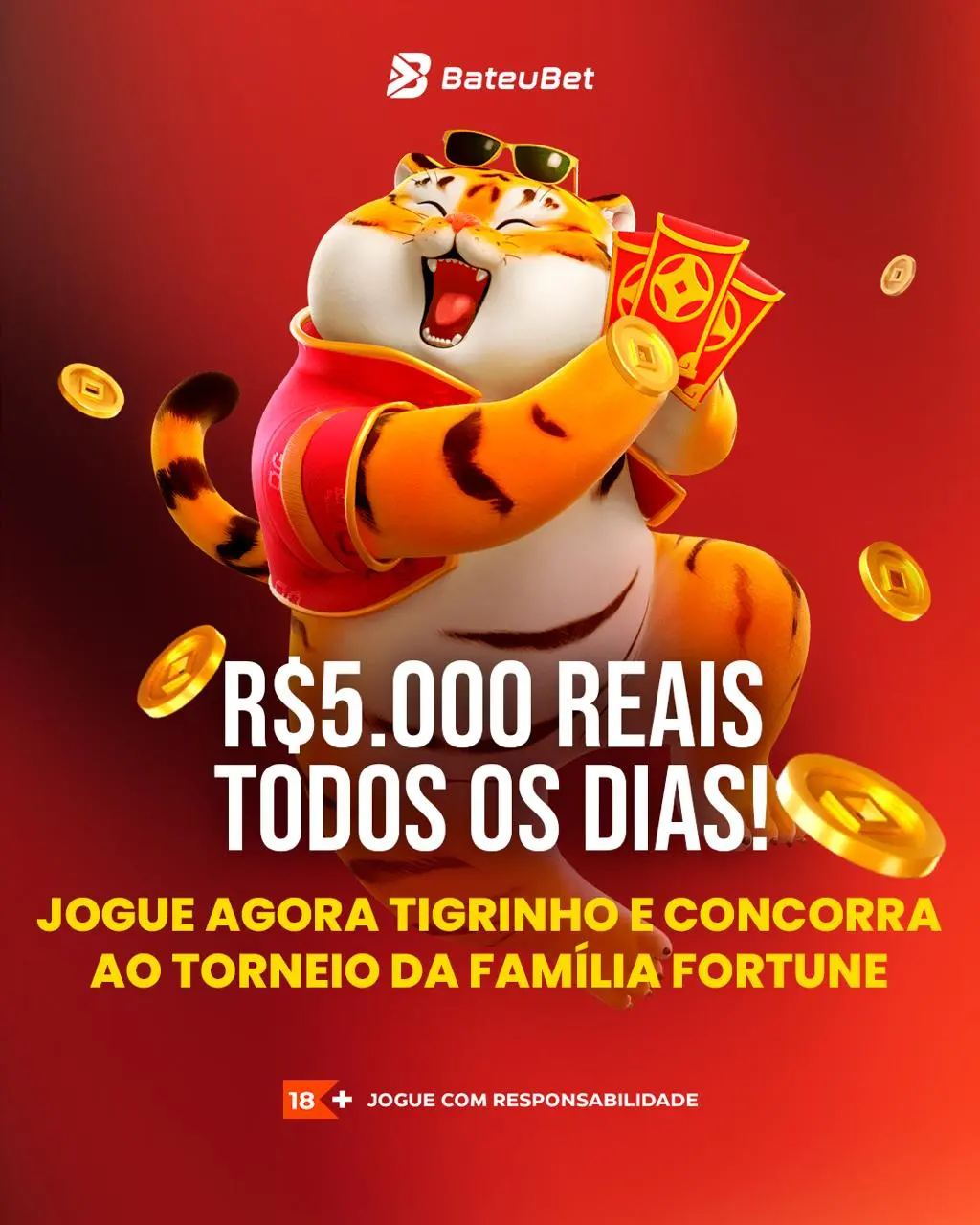 Fortune Tiger, o Jogo do Tigrinho, com tigre dourado no centro da tela e símbolos premiados da Bateu Bet em um cenário asiático vibrante.